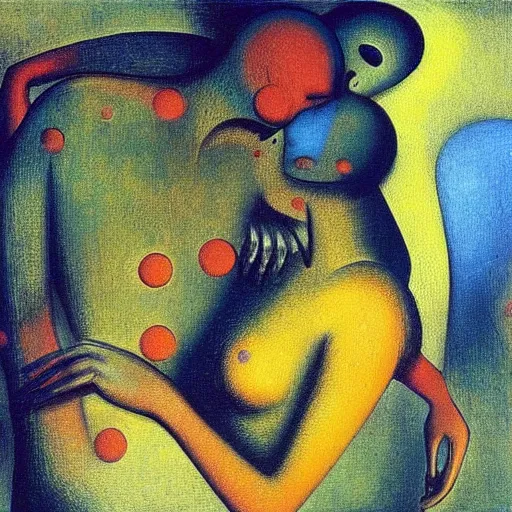 Prompt: Oil painting by Max Ernst. Strange mechanical beings kissing. Close-up portrait by Lisa Yuskavage. Paul Klee.