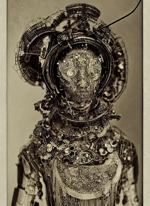 Prompt: old wetplate daguerreotype frame portrait of a futuristic silver armored geisha district 9 cyborg, fractal, intricate, elegant, highly detailed, subsurface scattering, by jheronimus bosch and greg rutkowski and louis jacques mande daguerre