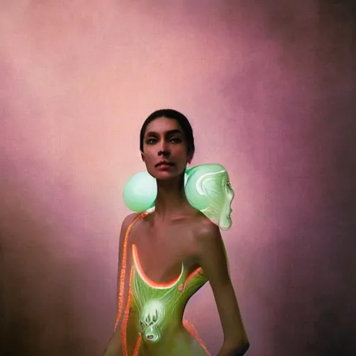 Image similar to a medium shot of a brown woman wearing a luminous armor made of neon floating jelly fishes. surrounded by jelly fishes. soft lighting. fragile. haunting eyes!! coherent face!! no makeup!! muted colors. by ray caesar. by louise dahl - wolfe. by andrea kowch. surreal photography