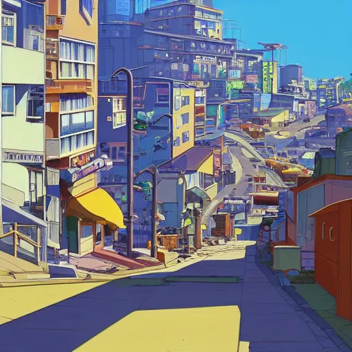 Image similar to city street, sloped street, city on mountainside, street scene, colorful buildings, cel - shading, 2 0 0 1 anime, flcl, jet set radio future, golden hour, japanese town, concentrated buildings, japanese neighborhood, construction site, cel - shaded, strong shadows, vivid hues, y 2 k aesthetic