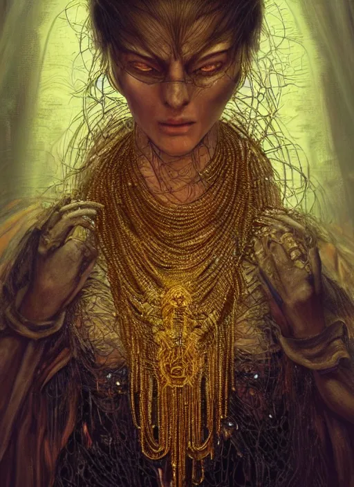 Image similar to mutant weaver with hundreds of gemencrusted golden necklaces, physically accurate, moody dynamic lighting, very very intricate, very very elegant, highly detailed, digital painting, artstation, HR GIGER, Hieronymus Bosch, Francis Bacon, concept art, smooth, very beautiful, sharp focus, illustration, art by artgerm and greg rutkowski and alphonse mucha