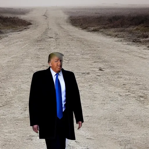 Image similar to donald trump walking in an empty wasteland, post - apocalyptic