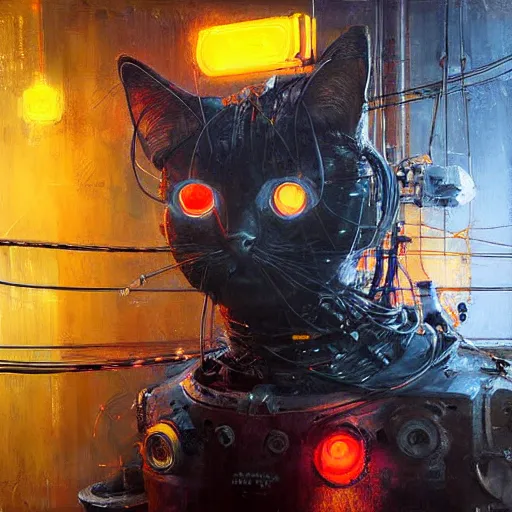 Image similar to robot cyborg cat, many wires and neon lights exposed, metal and glowing eyes, highly detailed painting by jeremy mann