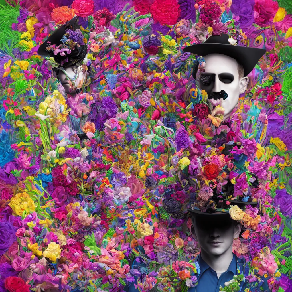 Image similar to a raytraced image album cover of a man with a strange hat on his head, behance contest winner, award winning, masterpiece, pop surrealism, made of flowers, surrealist