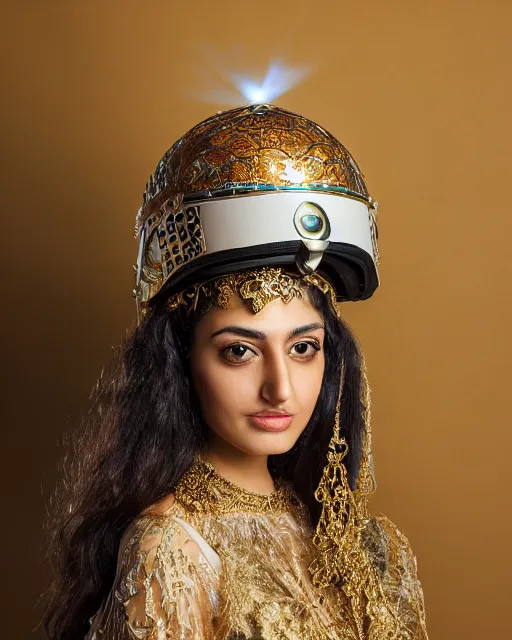 Prompt: centered medium shot fine studio photograph of a beautiful persian girl wearing a persian solarpunk electronic helmet with led lights decorated with golden ornaments, ultra-realistic, white background, 8k HDR dusk light, intricate detail