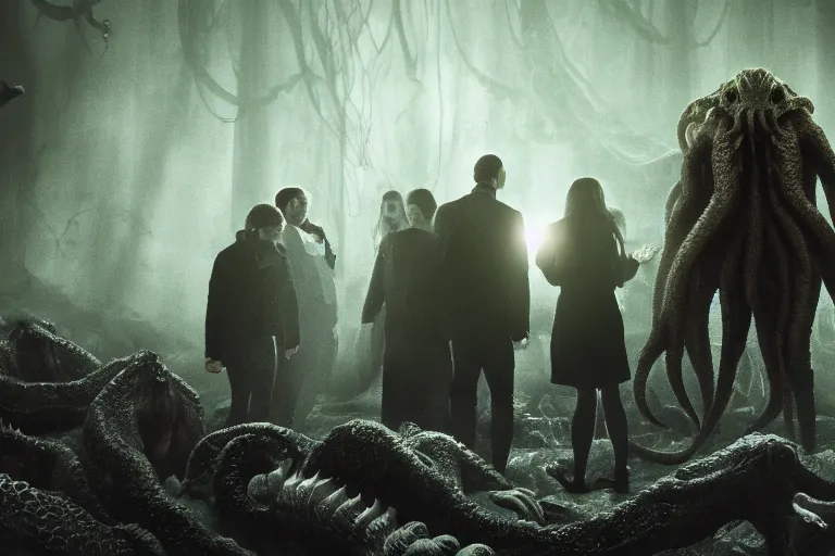 Prompt: photo of people gathering around cthulhu, horror atmosphere, fear, mystery, dramatic, 8 k uhd