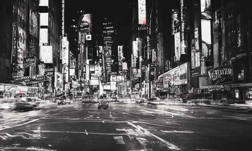 Image similar to photo of the streets of new york city at night, 4k, grainy, film photography