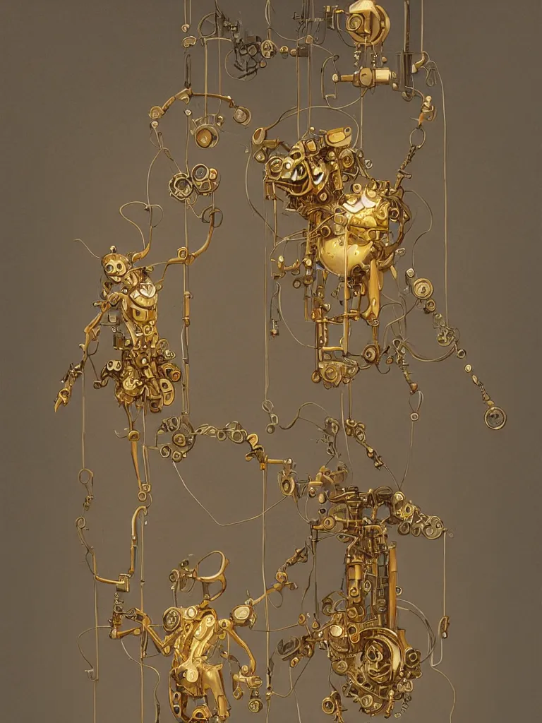 Prompt: mechanical clockwork character made of gold and hanging by wires in a dark room, created by peter mohrbacher, photorealistic, puppet, strings, 8 k