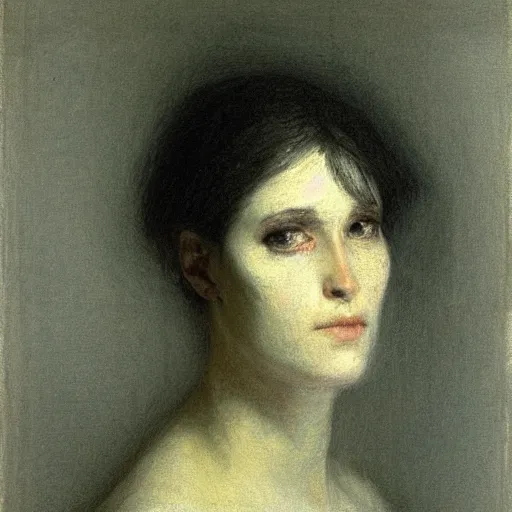 Prompt: white chalk study of a womans portarit by arnold bocklin