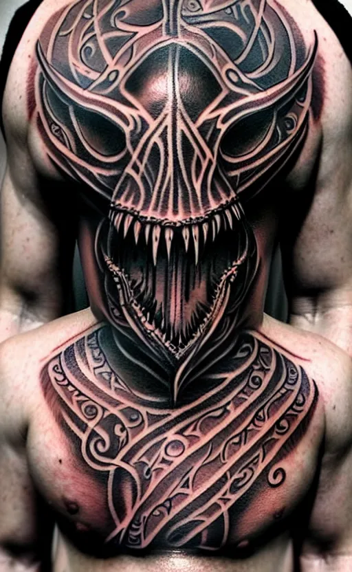 Image similar to chest tattoo cthulhu by greg rutkowski, by giger, by maxim verehin