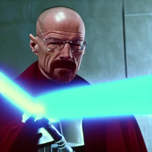 Prompt: Walter White holding a red light saber, dueling against Darth Vader who is also holding a lightsaber, movie still from Star Wars