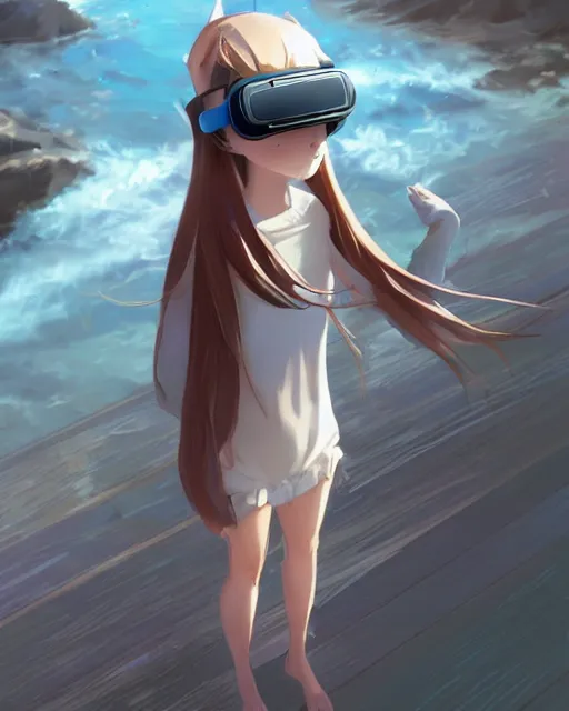 Prompt: a russian blue cat wearing a VR headset, !dream an attractive young female elf with long flowing auburn hair, standing on the beach on the ground front facing, looking at camera, blue water, anime. By Makoto Shinkai, Stanley Artgerm Lau, WLOP, Rossdraws, James Jean, Andrei Riabovitchev, Marc Simonetti, krenz cushart, Sakimichan, trending on ArtStation, digital art.