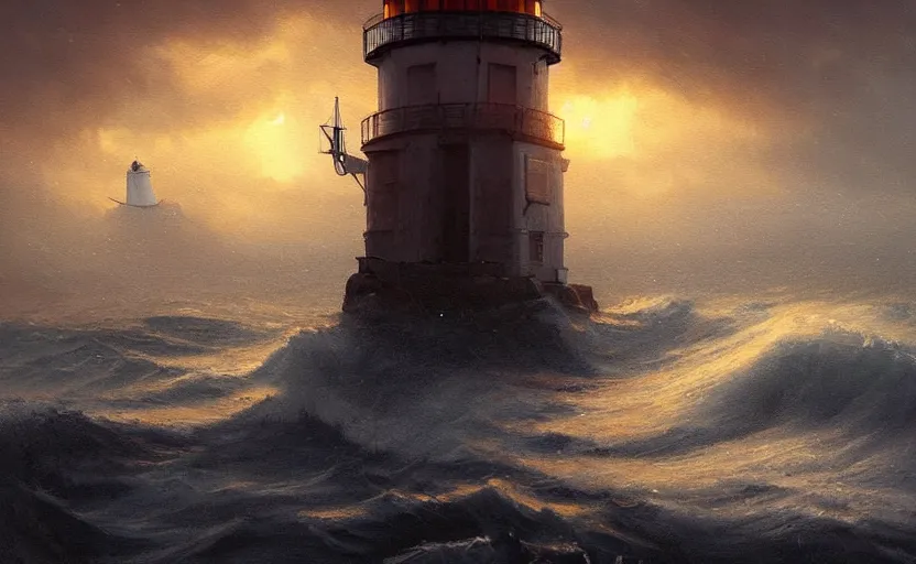 Image similar to painting of a lighthouse at sunset with a sailing ship in a storm, natural light, concept art, by greg rutkowski, cozy atmospheric and cinematic lighting