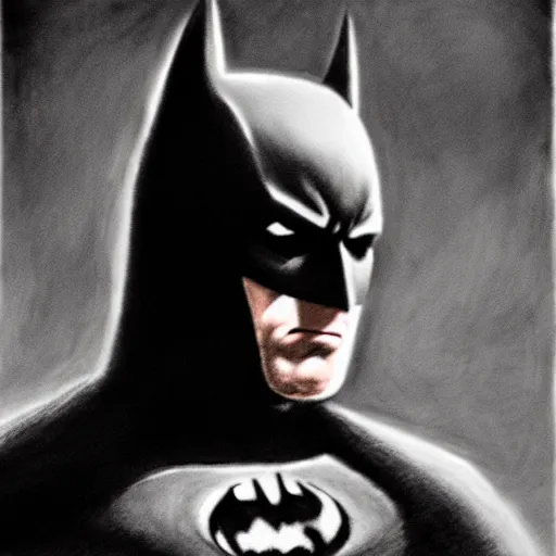 Image similar to charcoal sketch of batman with strong dramatic lighting,