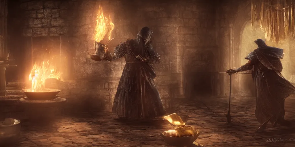 Prompt: The Firekeeper of Dark Souls 3 washing dishes in a traditional kitchen setting, digital art, 4K, ultra-realistic