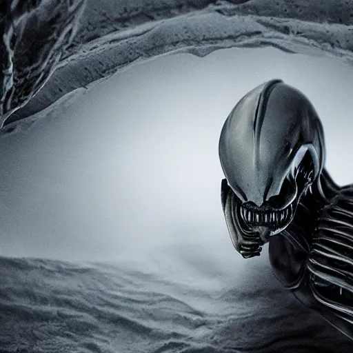 Image similar to xenomorph in ice cavern, close up photo, creepypasta, monochromatic