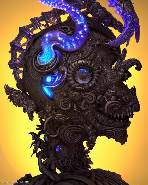 Image similar to 3 d ornate carved dark cosmic warrior with profile portrait, sigma 5 0 0 mm f / 5. beautiful intricate highly detailed quetzalcoatl skull. bioluminescent, plasma, lava, ice, water, wind, creature, thunderstorm! artwork by tooth wu and wlop and beeple and greg rutkowski, 8 k trending on artstation