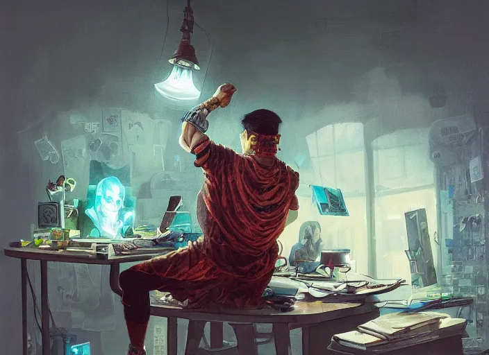 Prompt: an insanely detailed painting of an asian man wearing a homemade superhero costume, sitting at a desk, staring seriously at the computer and typing, in the style of peter mohrbacher, james jean, ruan jia, dramatic lighting and composition, surreal background, octane render, pixar, trending on artstation, concept art, comic book, view from behind, 8 k