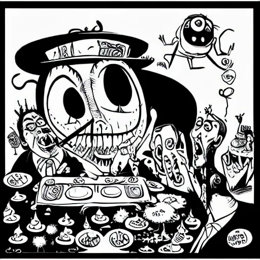 Prompt: black and white trippy comic art of a man in suit eating a birthday cake, drawn by martin rowson, tim burton, studio ghibli, alex pardee, nekro petros afshar, james mcdermott, cgsociety 4 k