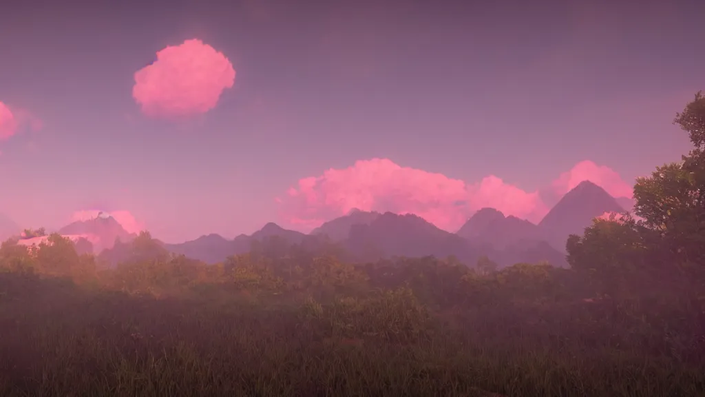 Image similar to distant mountains under the pink clouds backlit by the sun, volumetric fog, ue4, ue5, unreal engine, by Greg Rutkowski