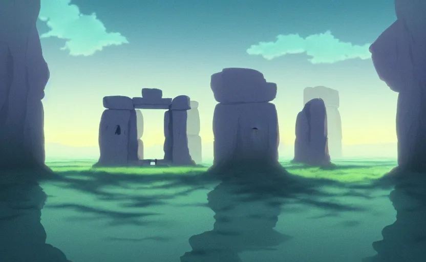 Prompt: a cell - shaded studio ghibli concept art study of a square dimensional portal doorway in a flooded monument valley stonehenge on a misty starry night. water is flowing out of the portal. very dull colors, hd, 4 k, hq