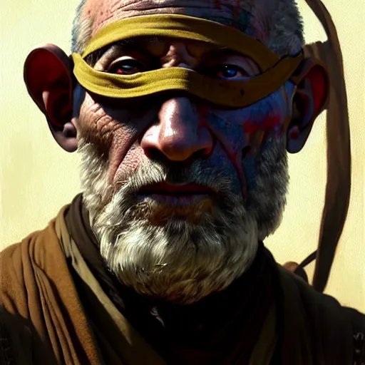 Prompt: portrait painting of a post - apocalyptic older american man blindfolded and wearing monk garbs with a scrap pauldron, ultra realistic, concept art, intricate details, eerie, highly detailed, photorealistic, octane render, 8 k, unreal engine. art by artgerm and greg rutkowski and charlie bowater and magali villeneuve and alphonse mucha