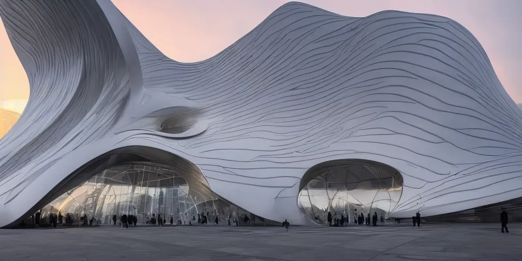 Prompt: extremely elegant smooth detailed stunning sophisticated beautiful elegant futuristic museum exterior by Zaha Hadid, Milan buildings in the background, smooth curvilinear design, stunning volumetric light, stainless steal, concrete, translucent material, beautiful sunset, tail lights