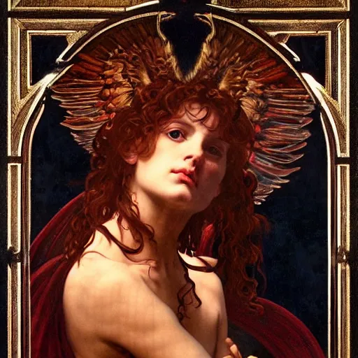 Prompt: godlike awe-inspiring Lucifer portrait, standing tall invincible, beautiful angelic wings, stunning, breathtaking, award-winning, groundbreaking, concept art, nouveau art, Dark Fantasy mixed with Socialist Realism, by Michelangelo, Caravaggio, Alphonse Mucha, Michael Whelan, William Adolphe Bouguereau, John Williams Waterhouse, and Donato Giancola, extremely moody lighting, glowing light and shadow, atmospheric, fine art, trending, featured, 8k, photorealistic, complex, intricate, 3-point perspective, hyper detailed, unreal engine 5, IMAX quality, cinematic, symmetrical, high resolution, 3D, PBR, path tracing, volumetric lighting, octane render, arnold render