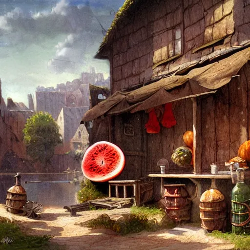 Prompt: sprite soda and watermelon, a detailed matte painting by anton pieck, deviantart contest winner, fantasy art, concept art, official art, matte drawing