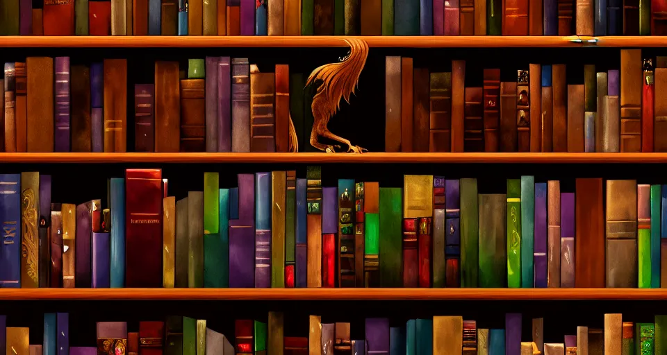 Image similar to a bookshelf of wonderful magical creatures, cinematic lighting, detailed, 4 k