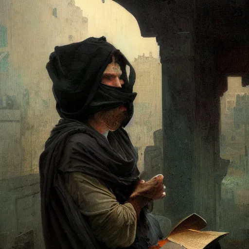 Image similar to full face portait of magican wearing a closed cowl and big old book! chained to the wrist, jeremy mann, jean - leon gerome, tiepolo, alphonse mucha, greg rutkowski, face in the shadows, ( ( ruins of ancient rome ) ), at dusk, mysterious atmosphere, sunrays, dof, high detailed, 8 k