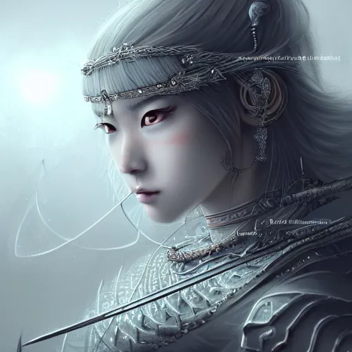 Prompt: beautiful extremely detailed intricate concept art depicting an archer by sakimichan. shining jewelry. grey atmosphere. particles in the background. bcy. net