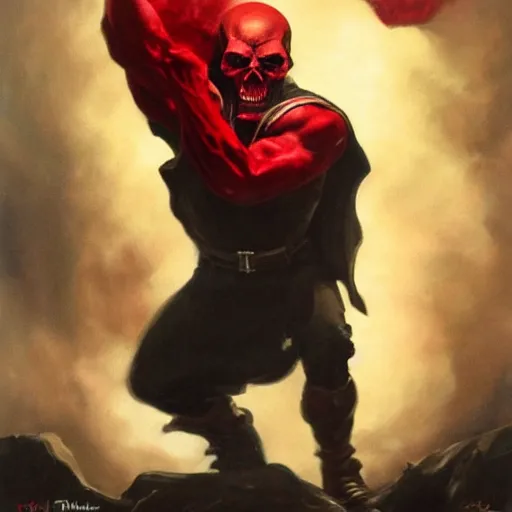 Image similar to ultra realistic portrait painting of red skull as voldemort, art by frank frazetta, 4 k, ultra realistic, highly detailed, epic lighting