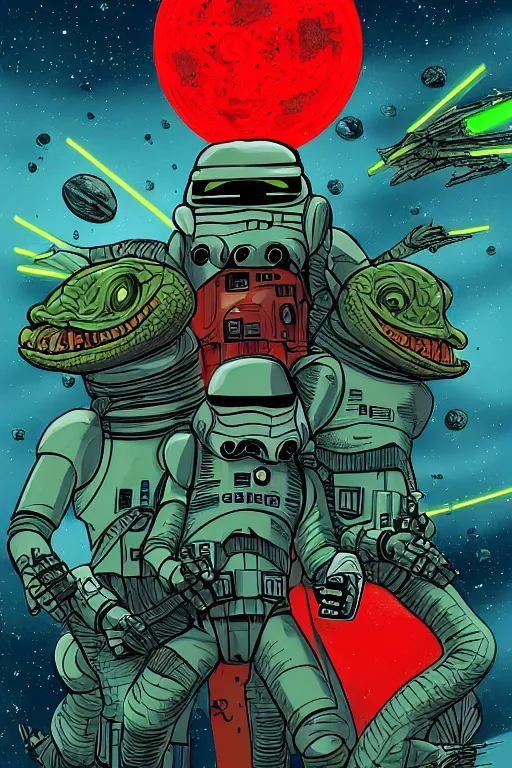 Image similar to pulp reptilian star wars with astronout in red planet, higly detailed