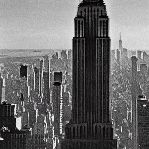 Image similar to gigapikachu attacking the empire state building, 1960s monster movie