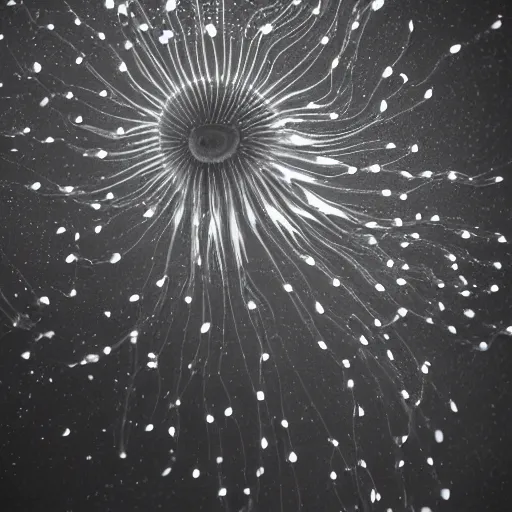 Image similar to bioluminiscent jellyfishes, award winning black and white photography