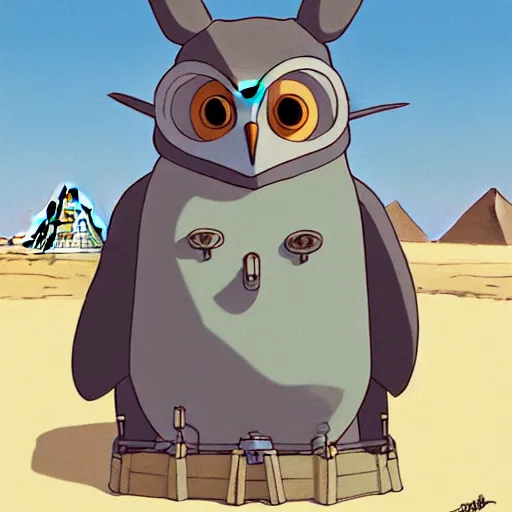 Image similar to a study of cell shaded cartoon of a mechanized grey owl from howl's moving castle ( 2 0 0 4 ), in front of pyramids on a desert road, full body, wide shot, very muted colors, post grunge, studio ghibli, laurie greasley, highly detailed, deviantart, art by artgem