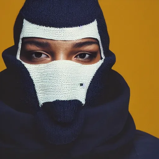 Image similar to realistic! photoshoot for a new balenciaga lookbook, color film photography, portrait of a beautiful woman wearing a balaclava puffer mask, photo in style of tyler mitchell, 35mm lens