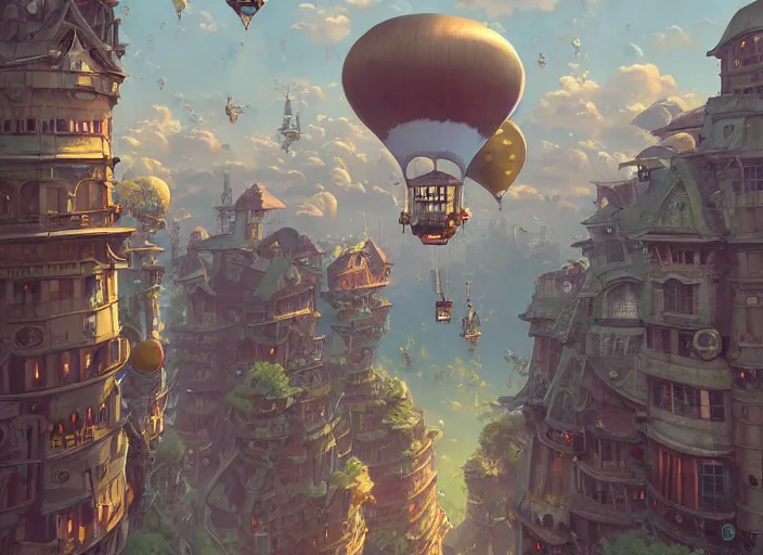 Prompt: a flying steampunk city, ballons, unreal engine, fantasy art by greg, loish, rhads, ferdinand knab, tom bagshaw, makoto shinkai and lois van baarle, rossdraws, ilya kuvshinov, night lighting, trending on studio ghibli, highly detailed, 8 k, octane render