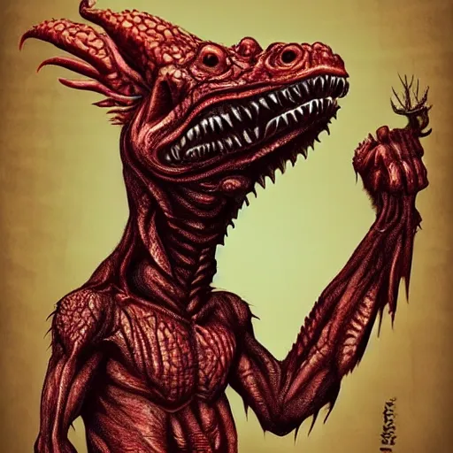 Image similar to big butcher anthropomorphic male lizardfolk posing scarily, scary angry pose, covered in blood, fresh kill, cleaver, in a cave, earie setting, lovecraft, eldritch, horror, hyperdetailed, furaffinity, anthro art
