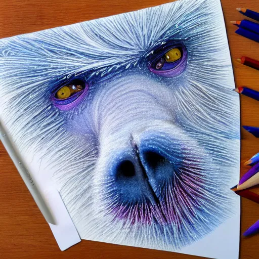 Image similar to Colored pencil art on paper, Frost Ice Monkey, highly detailed, artstation, MasterPiece, Award-Winning, Caran d'Ache Luminance