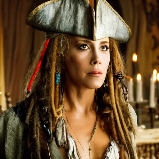Prompt: still of Elizabeth Berkley as Captain Sparrow in Pirates of the Caribbean remake 2029