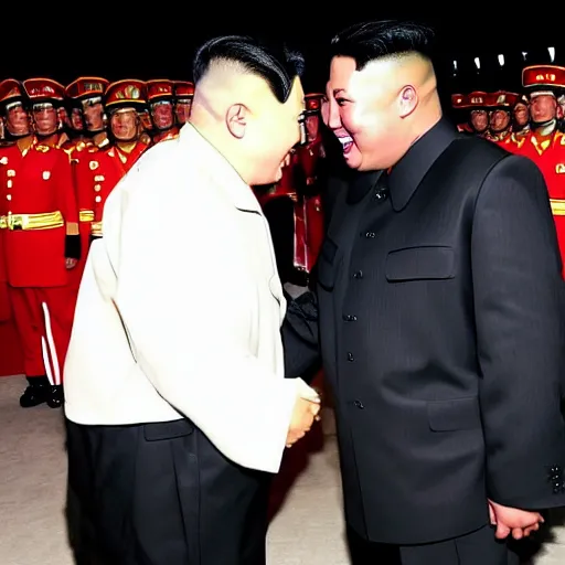 Image similar to picture of kanye west meeting kim jong un, both laughing