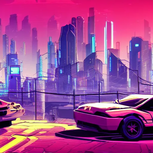 Image similar to cyberpunk landscape, cars, city, synth style