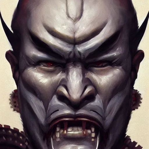 Image similar to A head-on detailed oil portrait of japanese samurai wearing oni mask by greg rutkowski and artgerm, trending on artstation, dungeons and dragons art