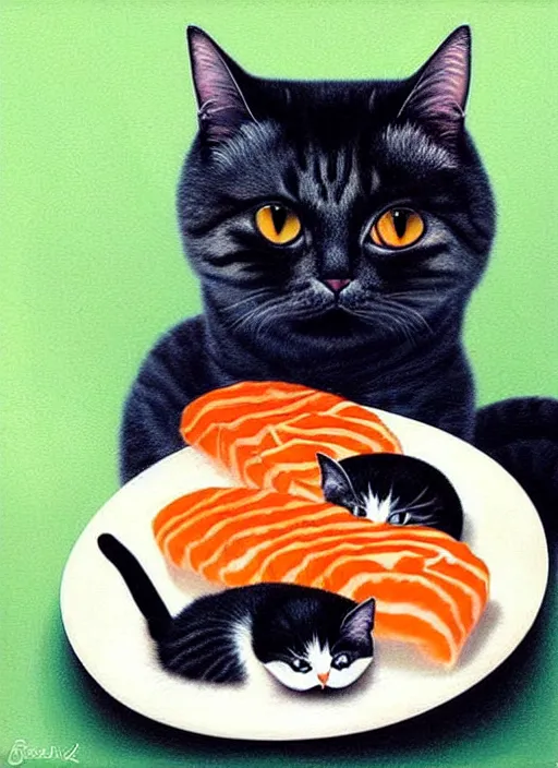 Image similar to clear surrealist painting of adorable cats made out of sushi