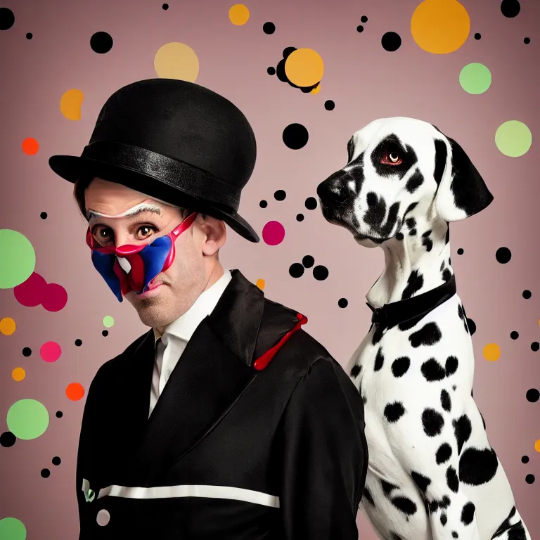 Prompt: vogue photoshoot octane render portrait of 1 0 1 dalmatian with white background, focus on an eccentric man in a bright colorful pastel wes anderson uniform and a latex mask inside a high - end exotic vintage boutique hotel lounge, very short depth of field, bokeh