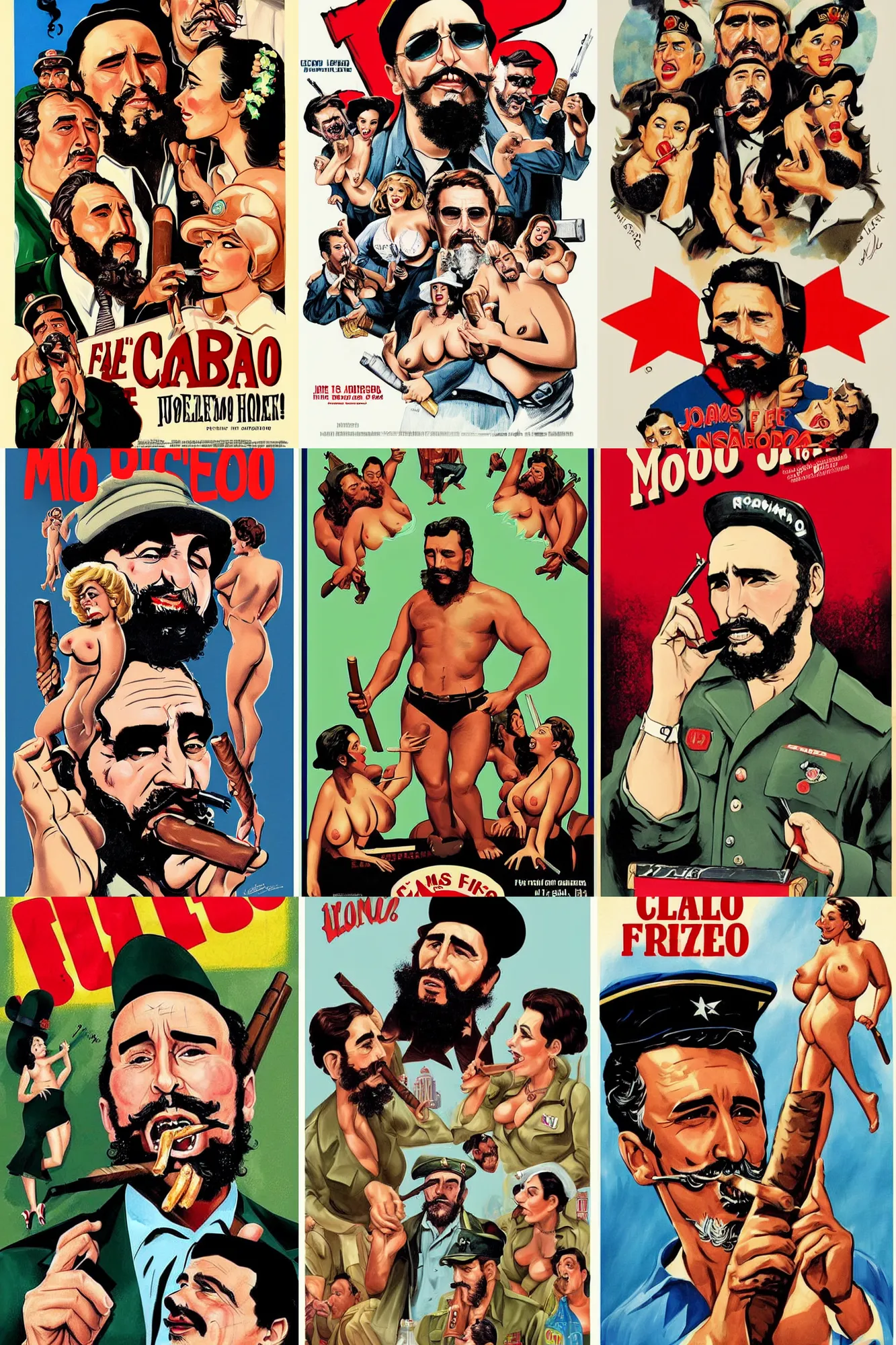 Prompt: a movie poster of james franco as the cuban dictator fidel castro smoking a large cigar, surrounded by voluptuous babes. mad magazine aesthetic, in the style of tom richmond illustration, in the style of mort drucker illustration