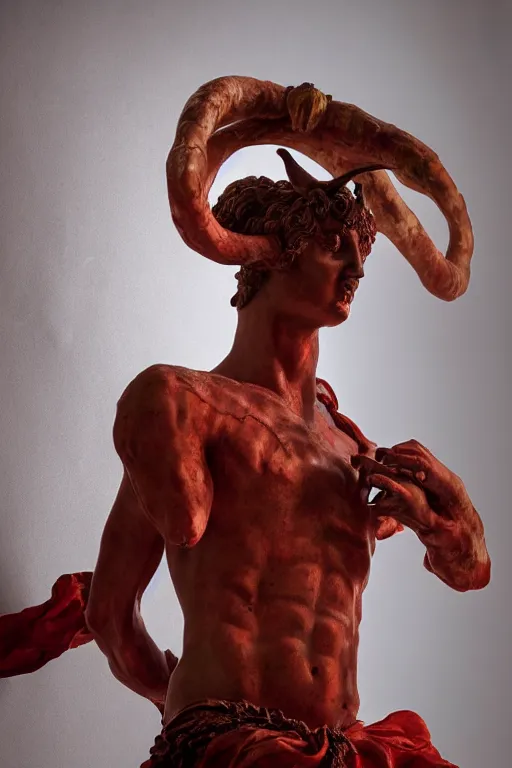 Image similar to a cinematic view of a ornated holy sacred faun statue using a old red silk veil made by hedi xandt, chris haas and bernini, realistic, macabre art, detailed image, photorealistic, volummetric light