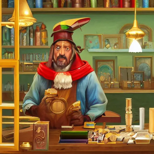 Image similar to A Anthropomorphized parrot trader in his shop, selling his wares, portrait, items, gold, carpet, window, sly expression, cunning expression, presenting wares, holding a gold bag, D&D, fantasy, cinematic lighting, highly detailed, digital painting, artstation, concept art, smooth, sharp focus, illustration, warm light, cozy warm tint, magic the gathering artwork, volumetric lighting, 8k, art by Akihiko Yoshida, Greg Rutkowski